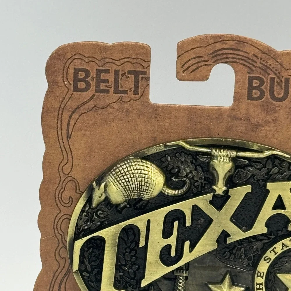 Texas‎ Belt Buckle Antique Brass Style Longhorn Armadillo Western SKU 15012
